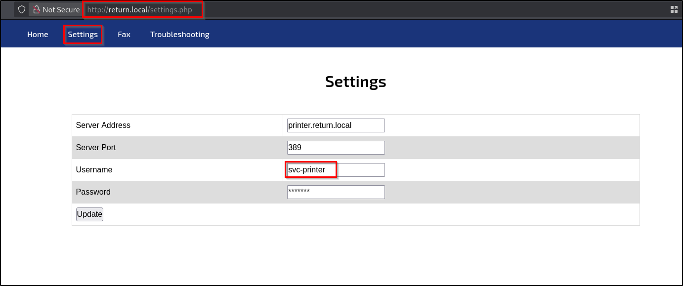 Settings tab in printer dashboard