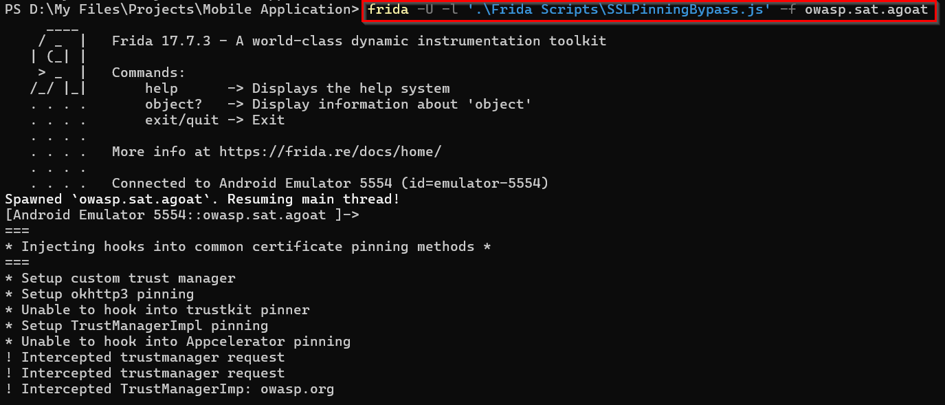 SSL Pinning Bypass Script Triggered