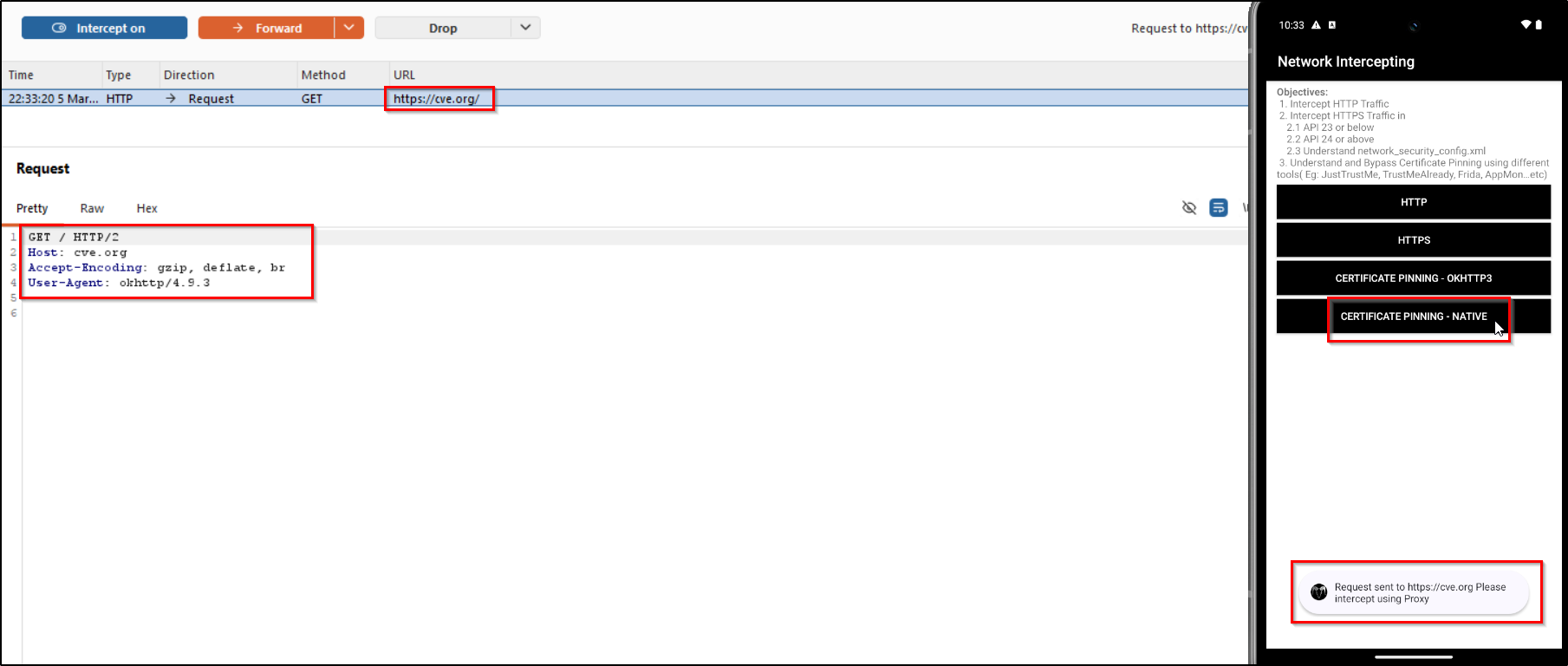 Certificate pinning bypassed